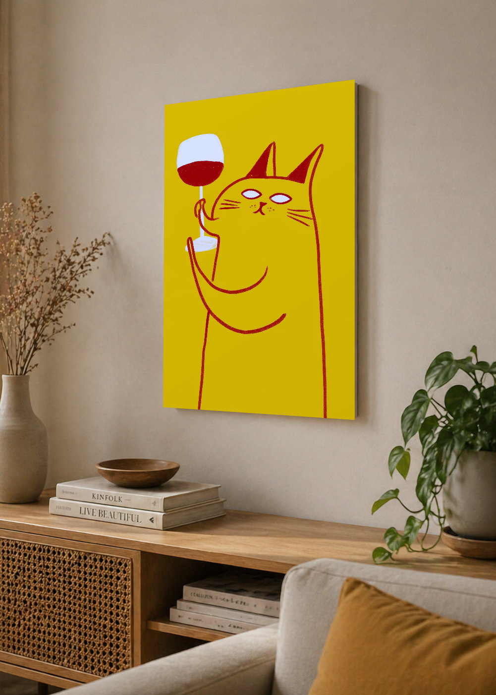Cuadro Decorativo Mural Sin Marco 5mm - Cocina Gato Copa Vino Amarillo
