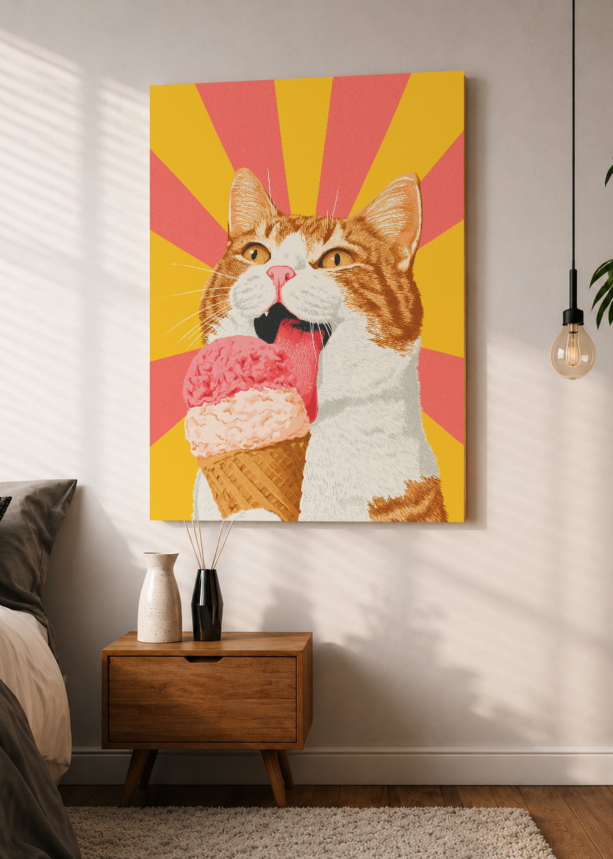 Cuadro Decorativo Mural Sin Marco 5mm - Cocina Gato Naranja Helado Rayos Amarillo