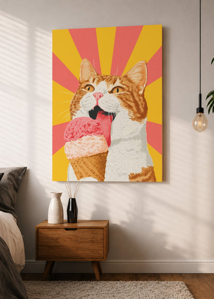 Cuadro Decorativo Mural Sin Marco 5mm - Cocina Gato Naranja Helado Rayos Amarillo