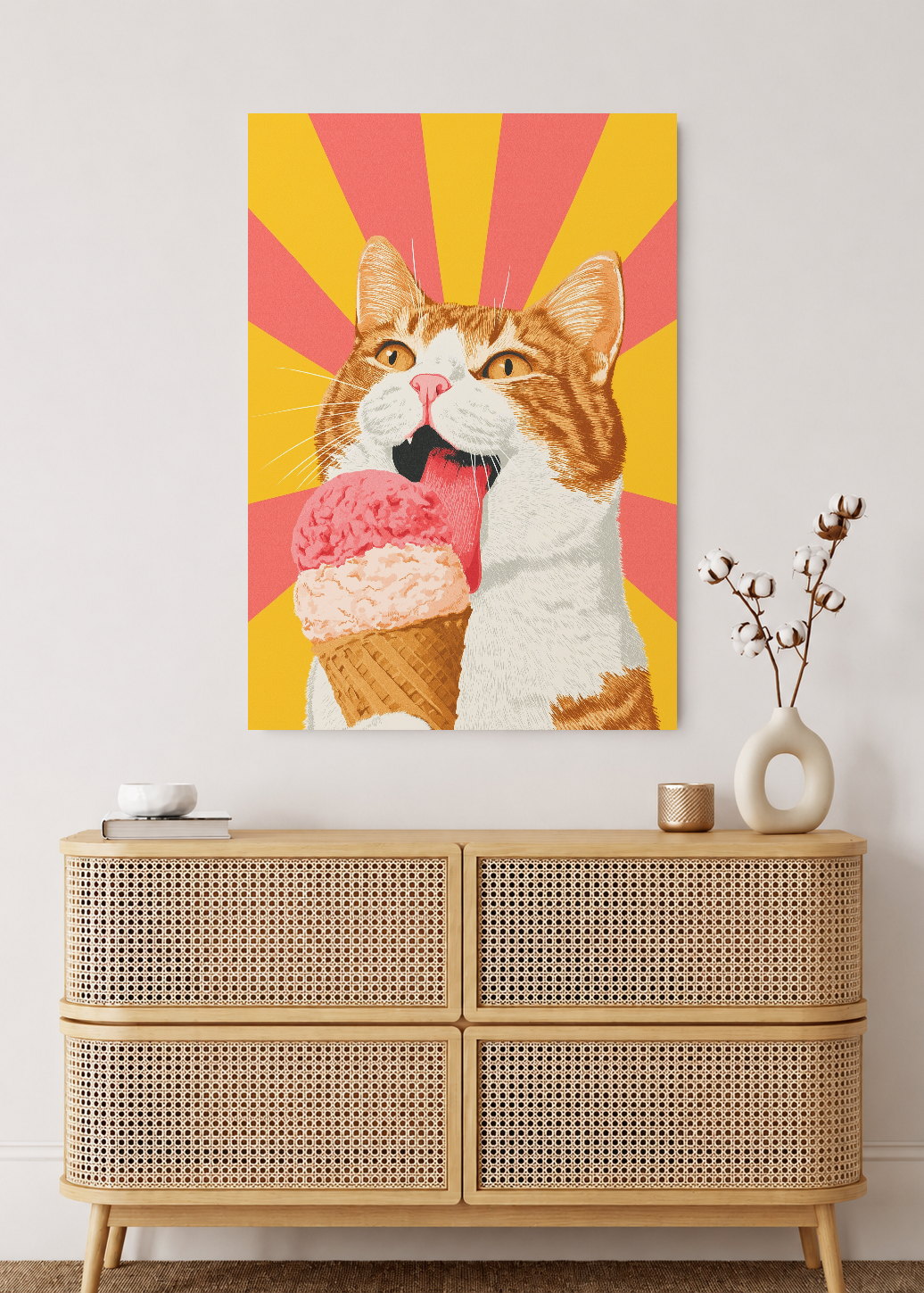 Cuadro Decorativo Mural Sin Marco 5mm - Cocina Gato Naranja Helado Rayos Amarillo