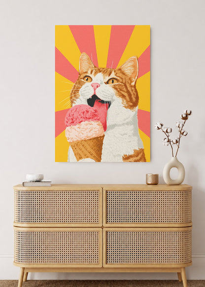 Cuadro Decorativo Mural Sin Marco 5mm - Cocina Gato Naranja Helado Rayos Amarillo
