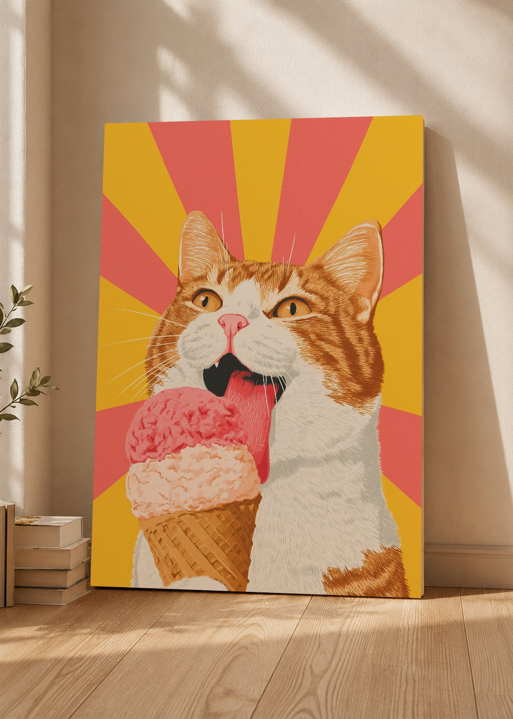 Cuadro Decorativo Mural Sin Marco 5mm - Cocina Gato Naranja Helado Rayos Amarillo