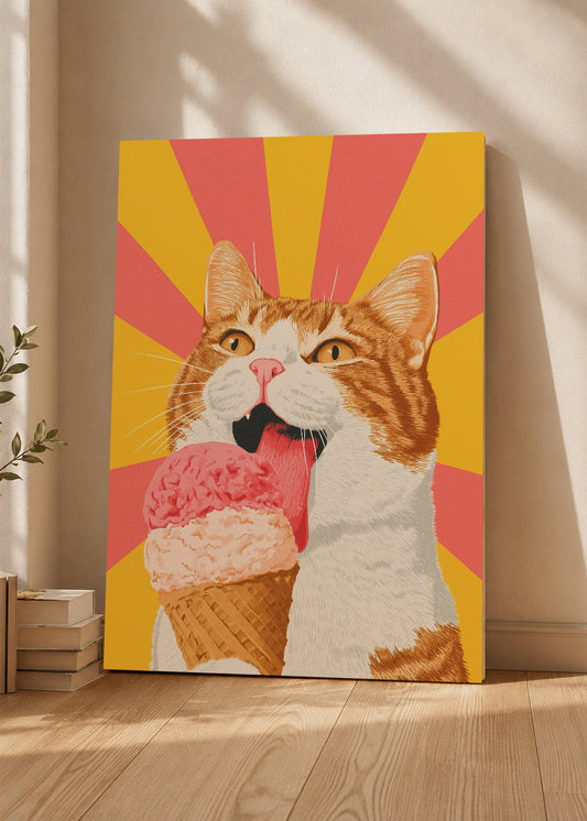Cuadro Decorativo Mural Sin Marco 5mm - Cocina Gato Naranja Helado Rayos Amarillo