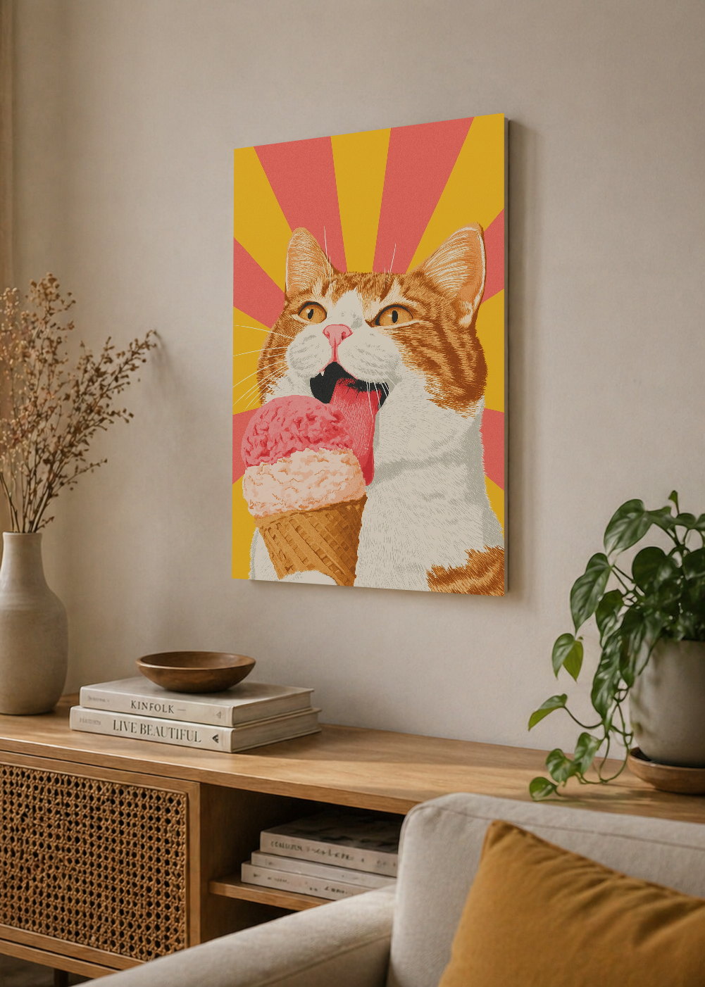Cuadro Decorativo Mural Sin Marco 5mm - Cocina Gato Naranja Helado Rayos Amarillo