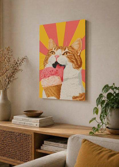 Cuadro Decorativo Mural Sin Marco 5mm - Cocina Gato Naranja Helado Rayos Amarillo