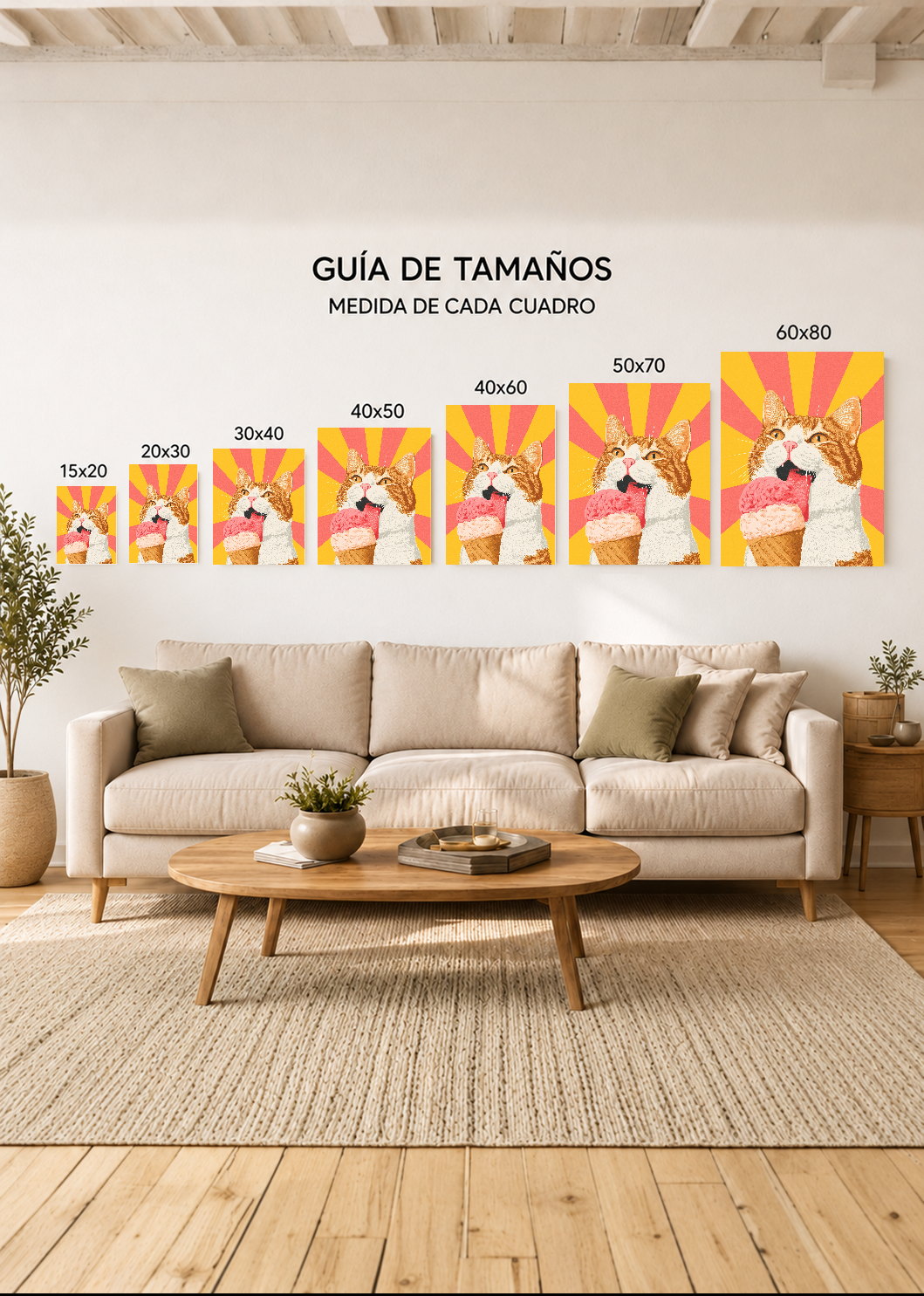 Cuadro Decorativo Mural Sin Marco 5mm - Cocina Gato Naranja Helado Rayos Amarillo