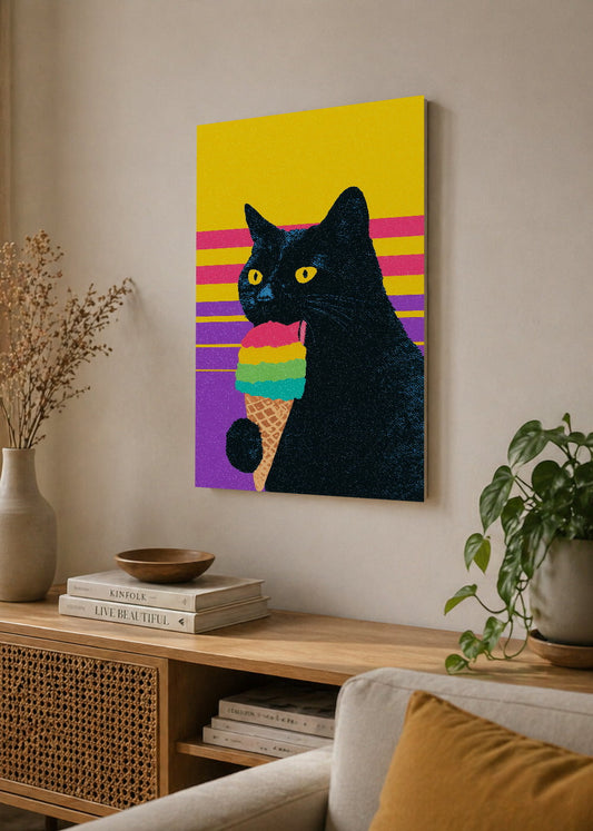 Cuadro Decorativo Mural Sin Marco 5mm - Cocina Gato Negro Helado Arcoiris