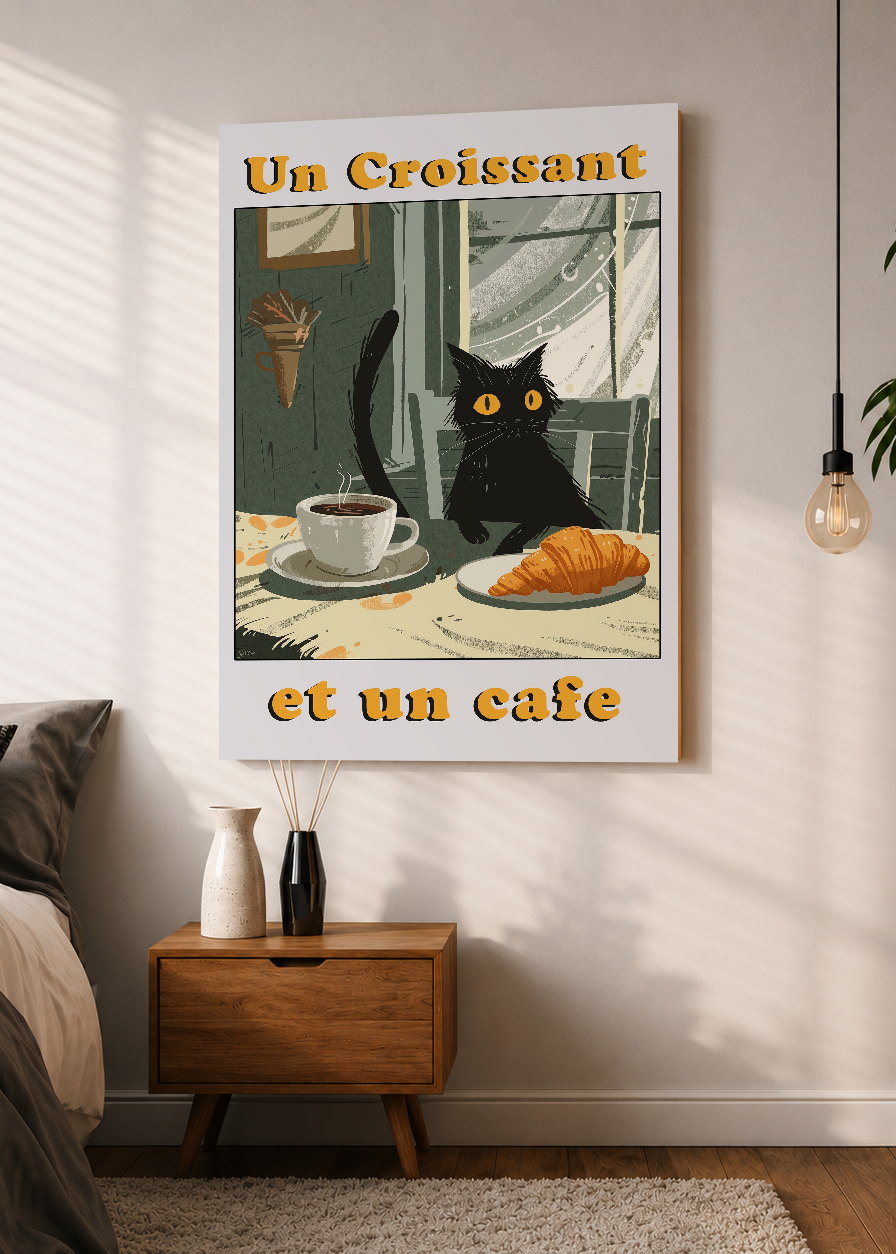 Cuadro Decorativo Mural Sin Marco 5mm - Cocina Gato Negro Un Croissant Et Un Cafe