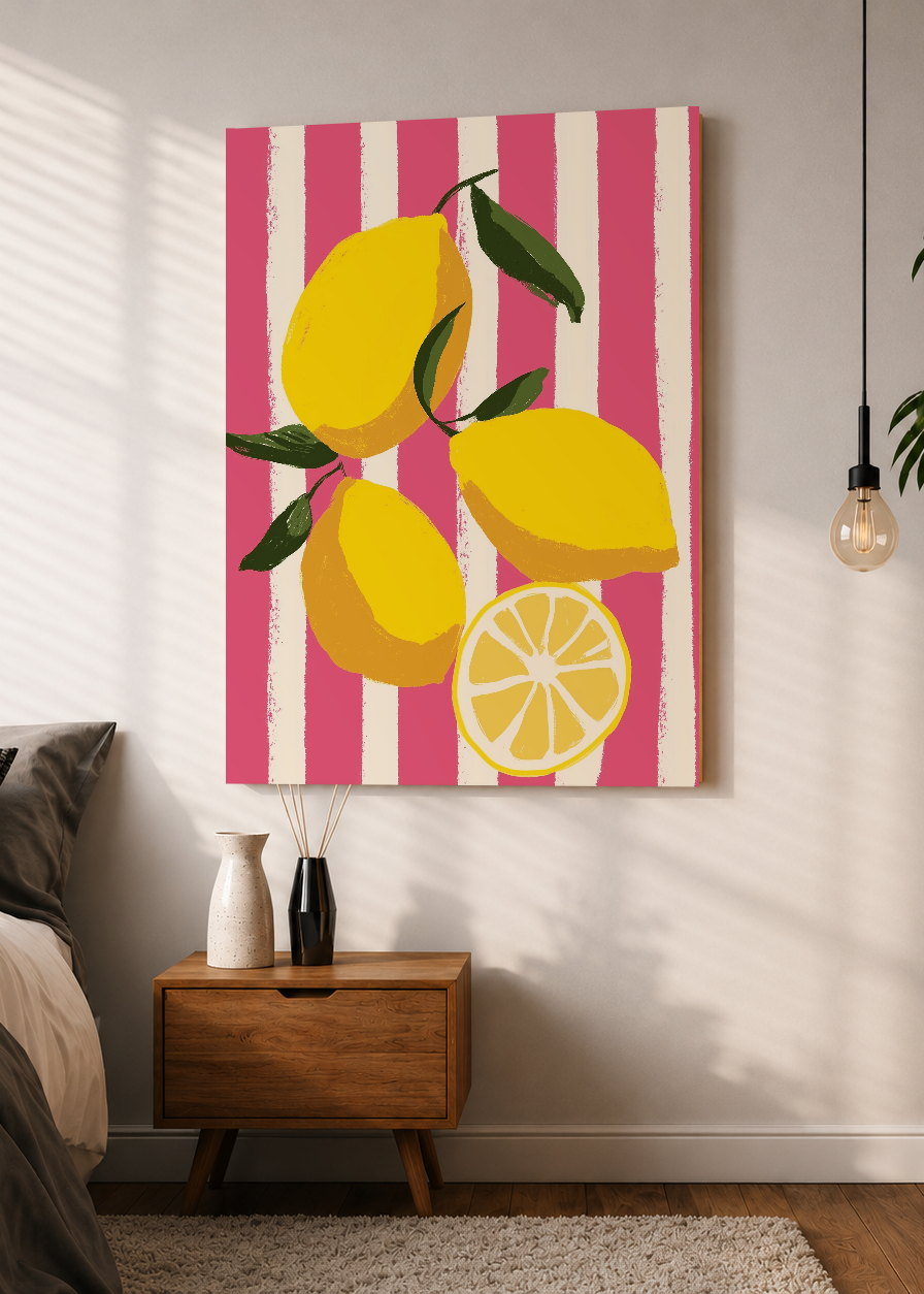 Cuadro Decorativo Mural Sin Marco 5mm - Cocina Limones Rayas Rosa Rojo