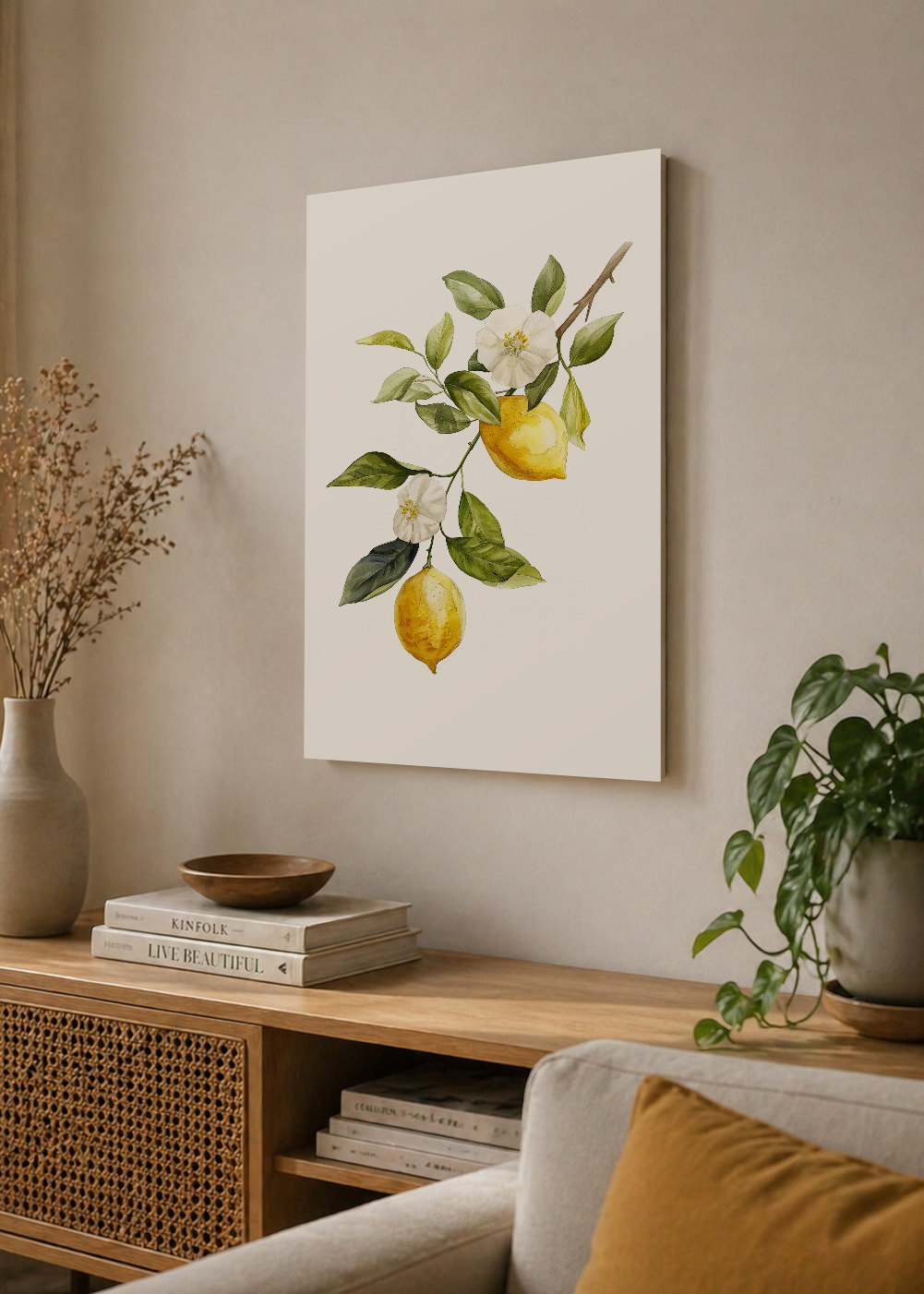 Cuadro Decorativo Mural Sin Marco 5mm - Cocina Rama Limones Acuarela Blanco