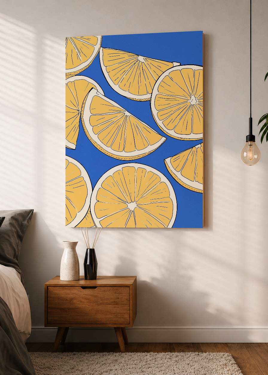 Cuadro Decorativo Mural Sin Marco 5mm - Cocina Rodajas Limon Patron Azul