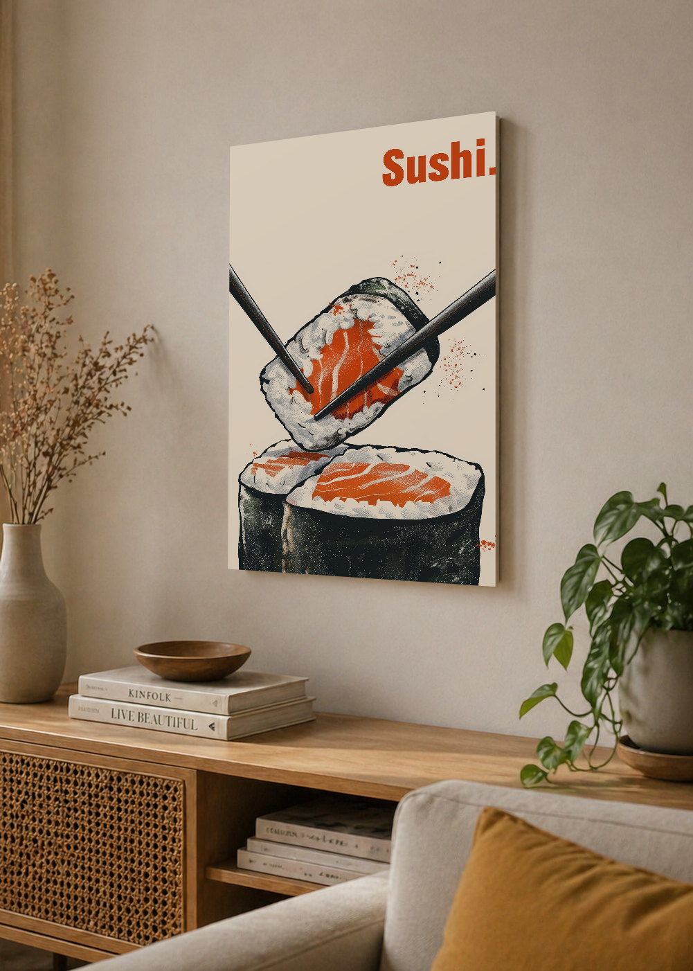 Cuadro Decorativo Mural Sin Marco 5mm - Cocina Sushi Palillos Crema