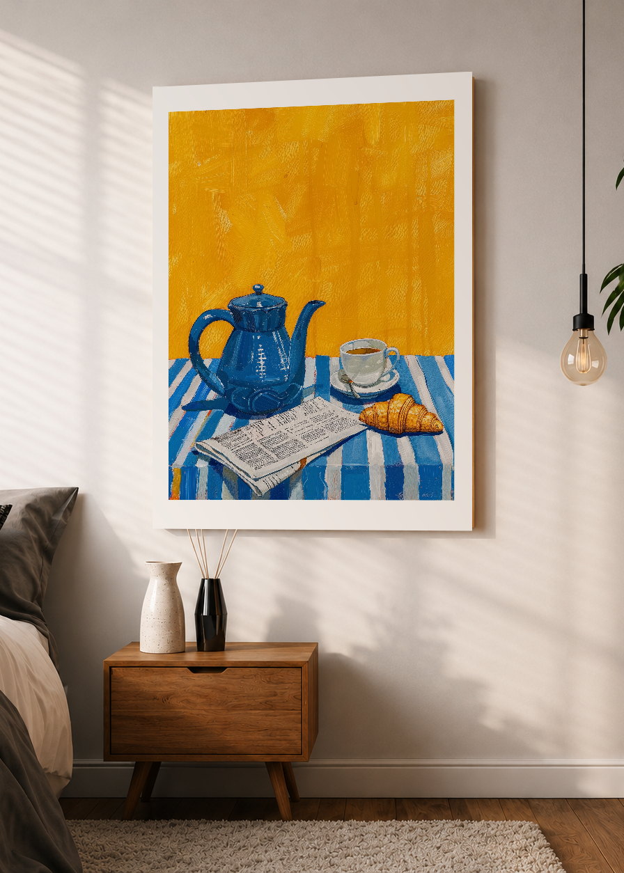 Cuadro Decorativo Mural Sin Marco 5mm - Cocina Tetera Azul Pared Amarilla