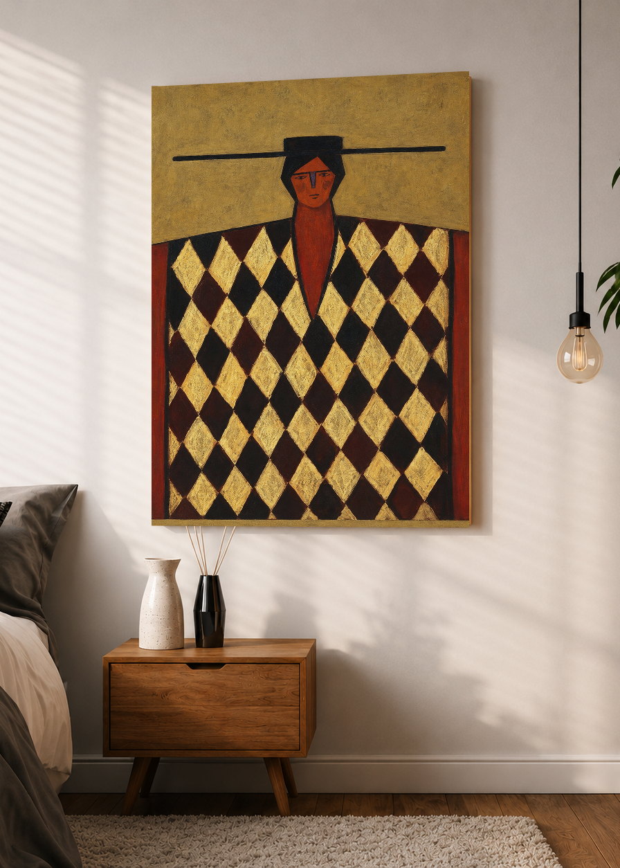 Cuadro Decorativo Mural Sin Marco 5mm - Figura con Poncho Bordó Rombos Arte Naif