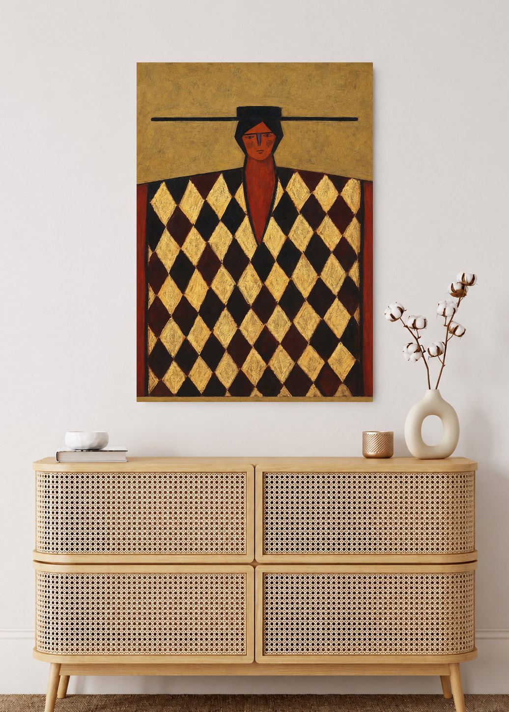 Cuadro Decorativo Mural Sin Marco 5mm - Figura con Poncho Bordó Rombos Arte Naif