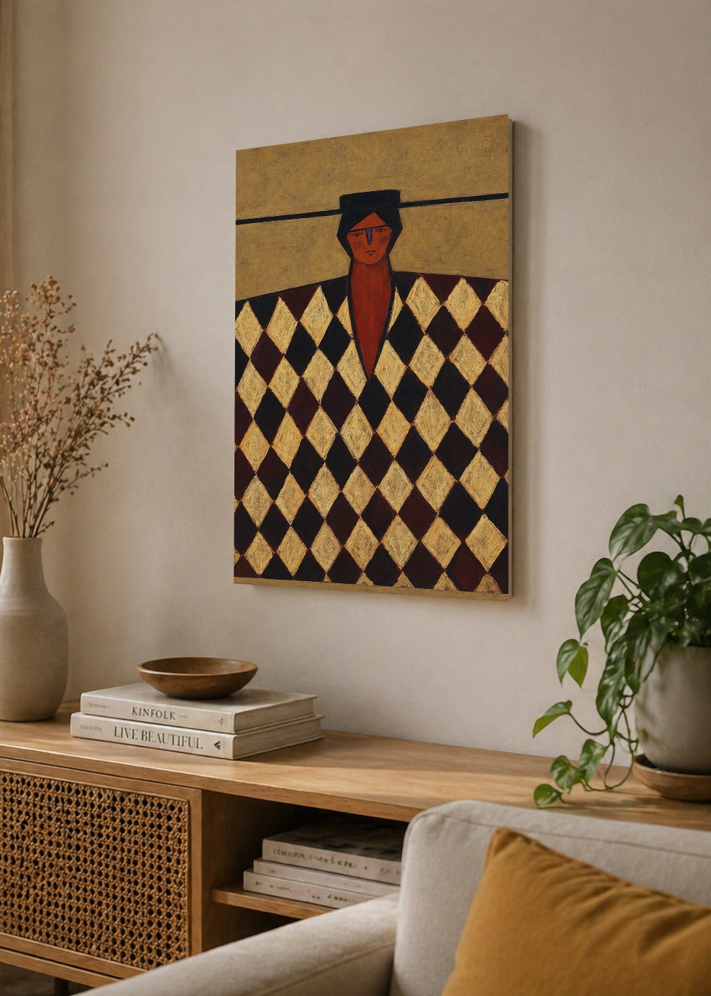 Cuadro Decorativo Mural Sin Marco 5mm - Figura con Poncho Bordó Rombos Arte Naif
