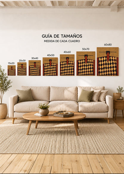 Cuadro Decorativo Mural Sin Marco 5mm - Figura con Poncho Bordó Rombos Arte Naif