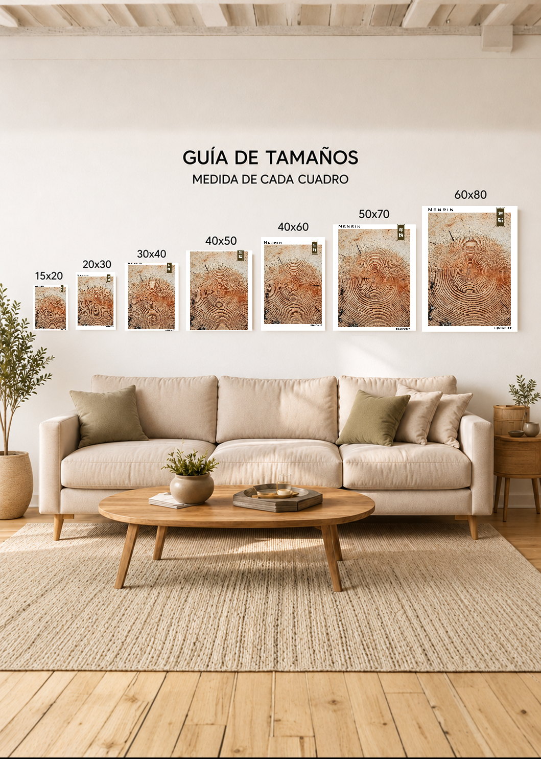 Cuadro Decorativo Mural Sin Marco 5mm - Japandi, Anillos de Tronco en Madera, Nenrin