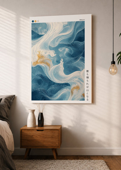 Cuadro Decorativo Mural Sin Marco 5mm - Japandi, Arte Fluido Azul y Crema, Michi