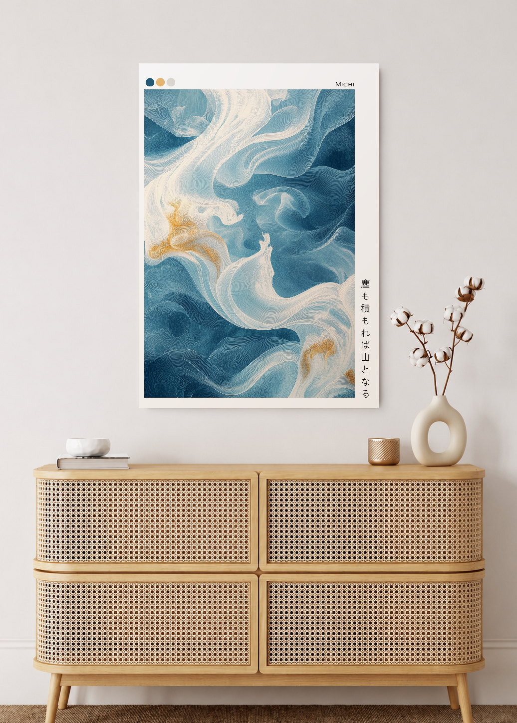Cuadro Decorativo Mural Sin Marco 5mm - Japandi, Arte Fluido Azul y Crema, Michi