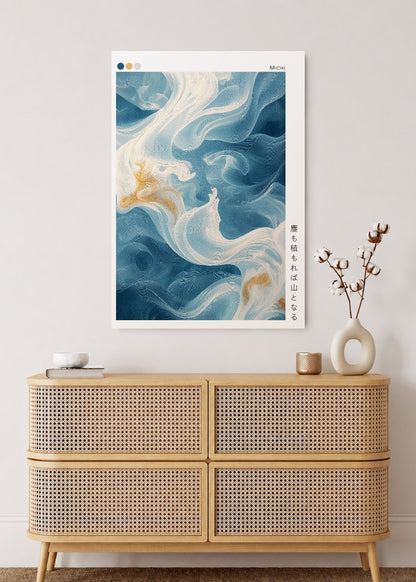 Cuadro Decorativo Mural Sin Marco 5mm - Japandi, Arte Fluido Azul y Crema, Michi