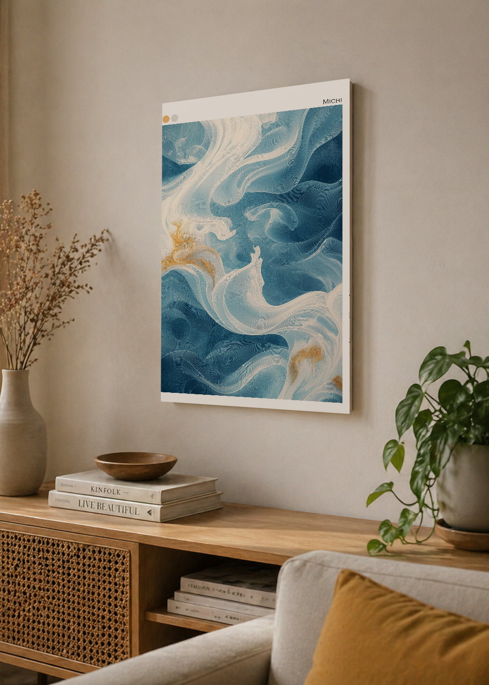 Cuadro Decorativo Mural Sin Marco 5mm - Japandi, Arte Fluido Azul y Crema, Michi