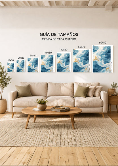 Cuadro Decorativo Mural Sin Marco 5mm - Japandi, Arte Fluido Azul y Crema, Michi