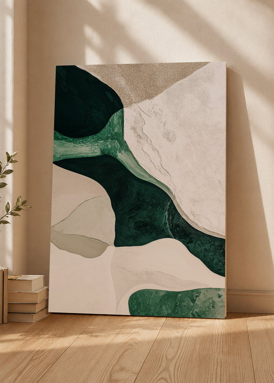Cuadro Decorativo Mural Sin Marco 5mm - Japandi, Formas Orgánicas Verde y Crema