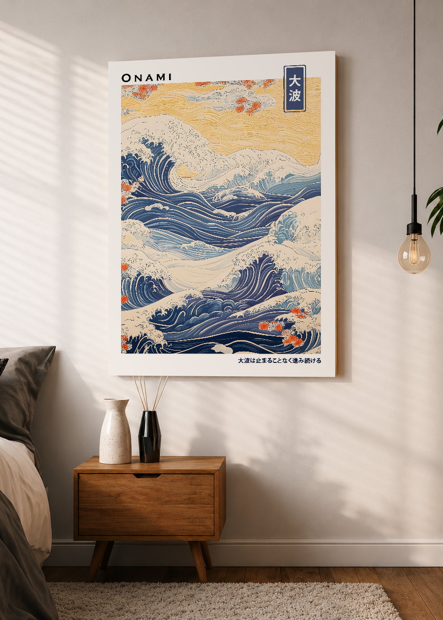 Cuadro Decorativo Mural Sin Marco 5mm - Japandi, Gran Ola Ukiyo-e Azul, Onami