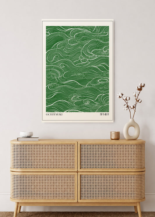 Cuadro Decorativo Mural Sin Marco 5mm - Japandi, Líneas Onduladas Verde, Ochitsuki