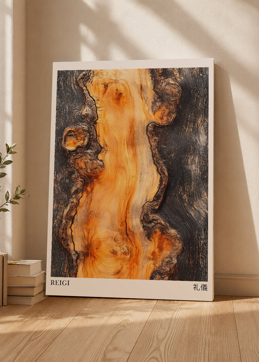 Cuadro Decorativo Mural Sin Marco 5mm - Japandi, Madera Quemada Ámbar y Negro, Reigi