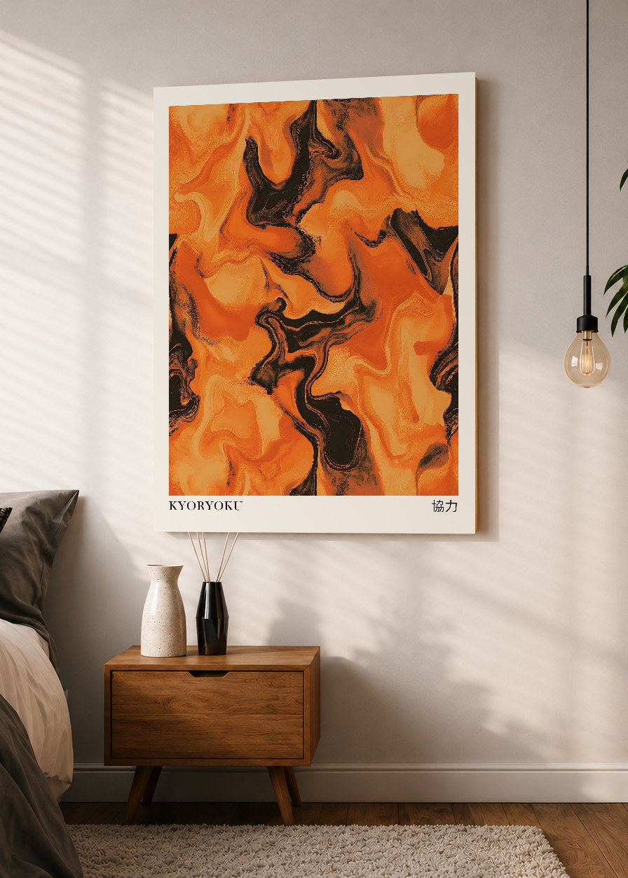 Cuadro Decorativo Mural Sin Marco 5mm - Japandi, Mármol Naranja y Negro, Kyoryoku