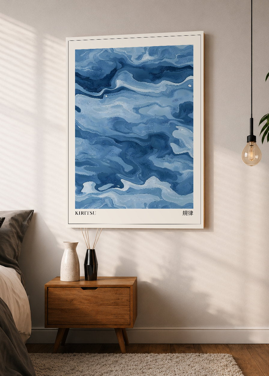 Cuadro Decorativo Mural Sin Marco 5mm - Japandi, Mármol de Olas Azul, Kiritsu