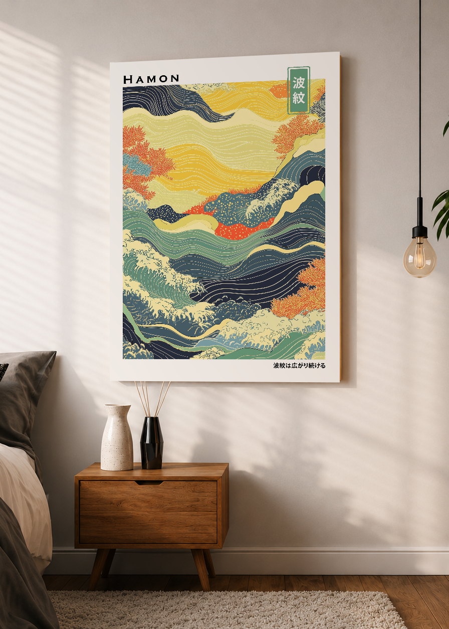 Cuadro Decorativo Mural Sin Marco 5mm - Japandi, Olas Amarillo y Naranja, Hamon