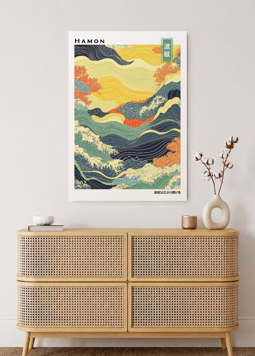 Cuadro Decorativo Mural Sin Marco 5mm - Japandi, Olas Amarillo y Naranja, Hamon