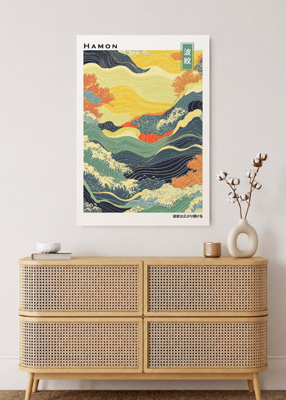 Cuadro Decorativo Mural Sin Marco 5mm - Japandi, Olas Amarillo y Naranja, Hamon