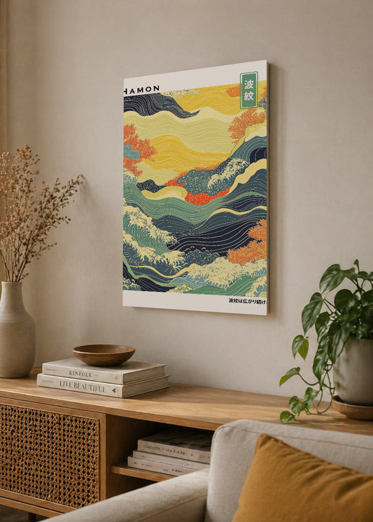 Cuadro Decorativo Mural Sin Marco 5mm - Japandi, Olas Amarillo y Naranja, Hamon