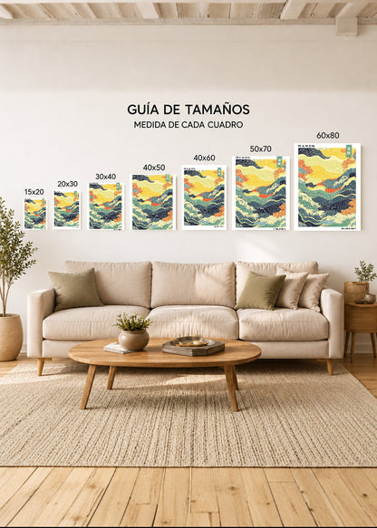 Cuadro Decorativo Mural Sin Marco 5mm - Japandi, Olas Amarillo y Naranja, Hamon