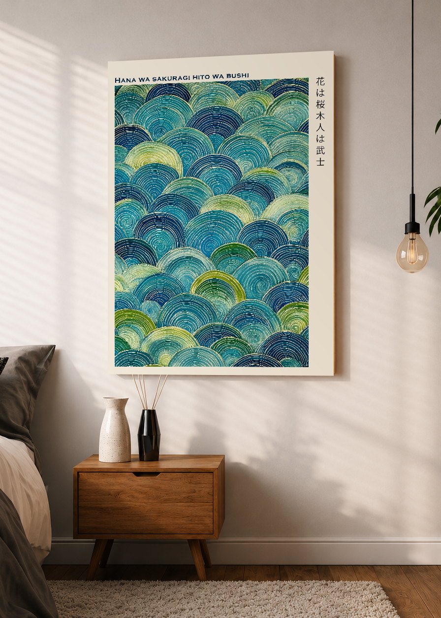 Cuadro Decorativo Mural Sin Marco 5mm - Japandi, Olas y Círculos Azul y Verde