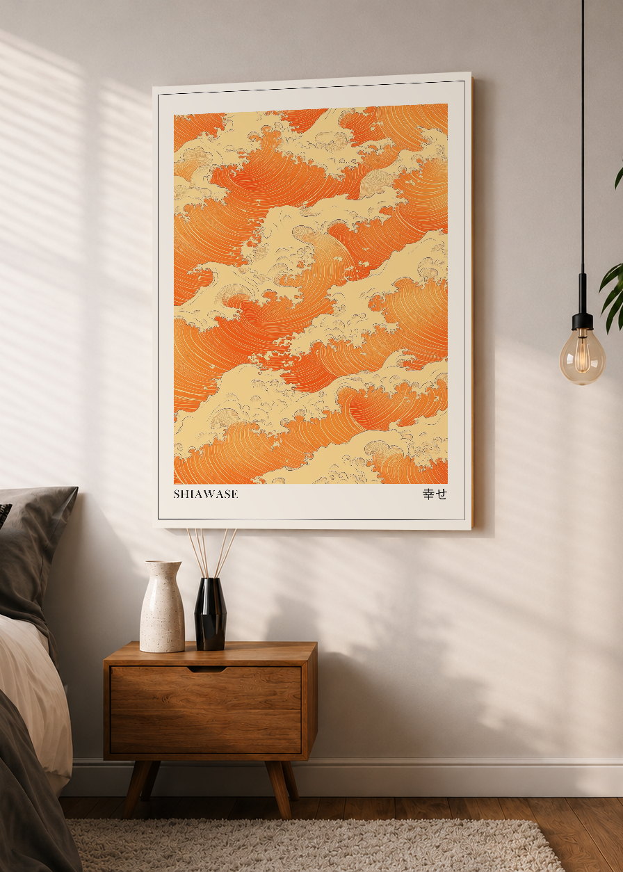 Cuadro Decorativo Mural Sin Marco 5mm - Japandi, Olas Japonesas Naranja, Shiawase