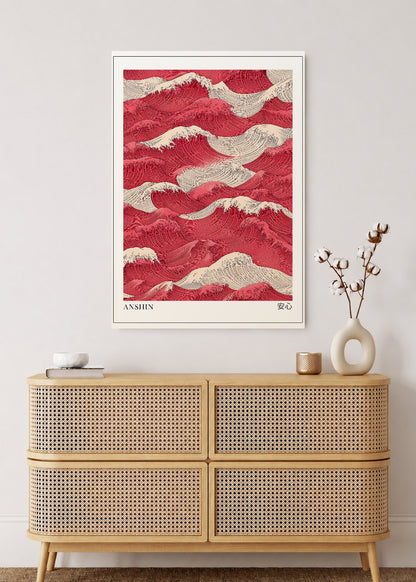 Cuadro Decorativo Mural Sin Marco 5mm - Japandi, Olas Japonesas Rojo, Anshin