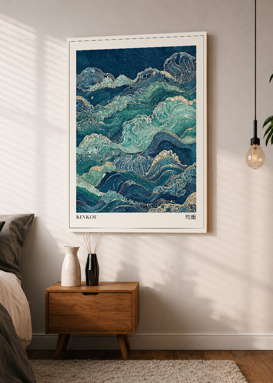 Cuadro Decorativo Mural Sin Marco 5mm - Japandi, Olas Japonesas Turquesa, Kinkou