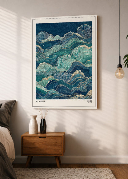 Cuadro Decorativo Mural Sin Marco 5mm - Japandi, Olas Japonesas Turquesa, Kinkou