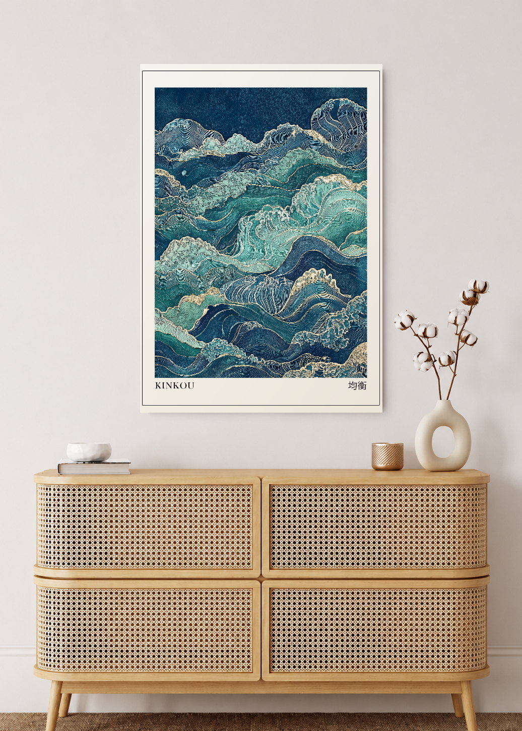 Cuadro Decorativo Mural Sin Marco 5mm - Japandi, Olas Japonesas Turquesa, Kinkou