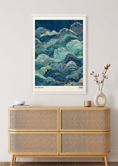 Cuadro Decorativo Mural Sin Marco 5mm - Japandi, Olas Japonesas Turquesa, Kinkou
