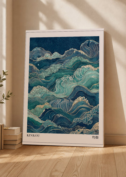 Cuadro Decorativo Mural Sin Marco 5mm - Japandi, Olas Japonesas Turquesa, Kinkou