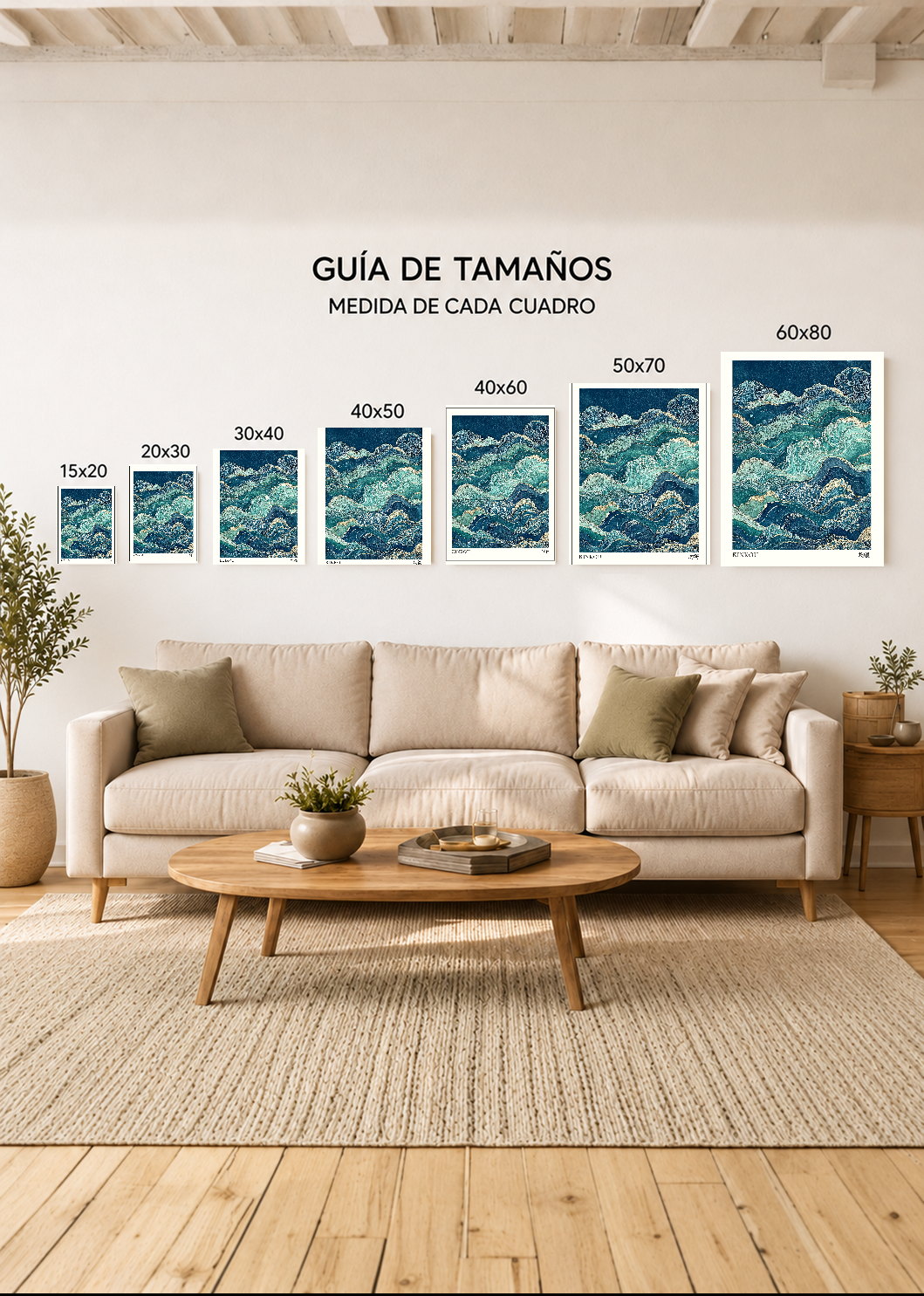 Cuadro Decorativo Mural Sin Marco 5mm - Japandi, Olas Japonesas Turquesa, Kinkou