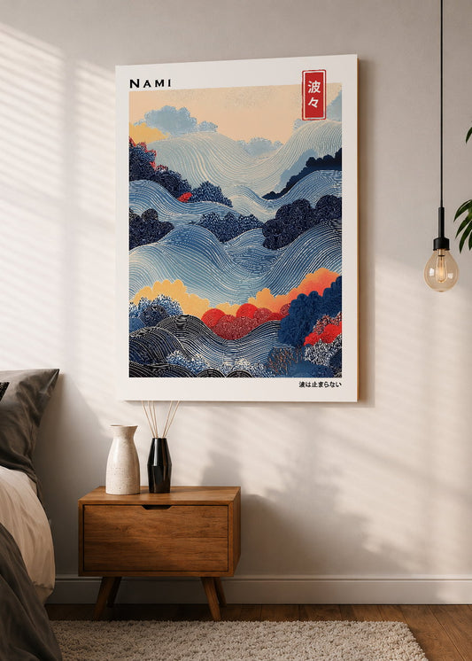 Cuadro Decorativo Mural Sin Marco 5mm - Japandi, Olas y Montañas Azul y Coral, Nami