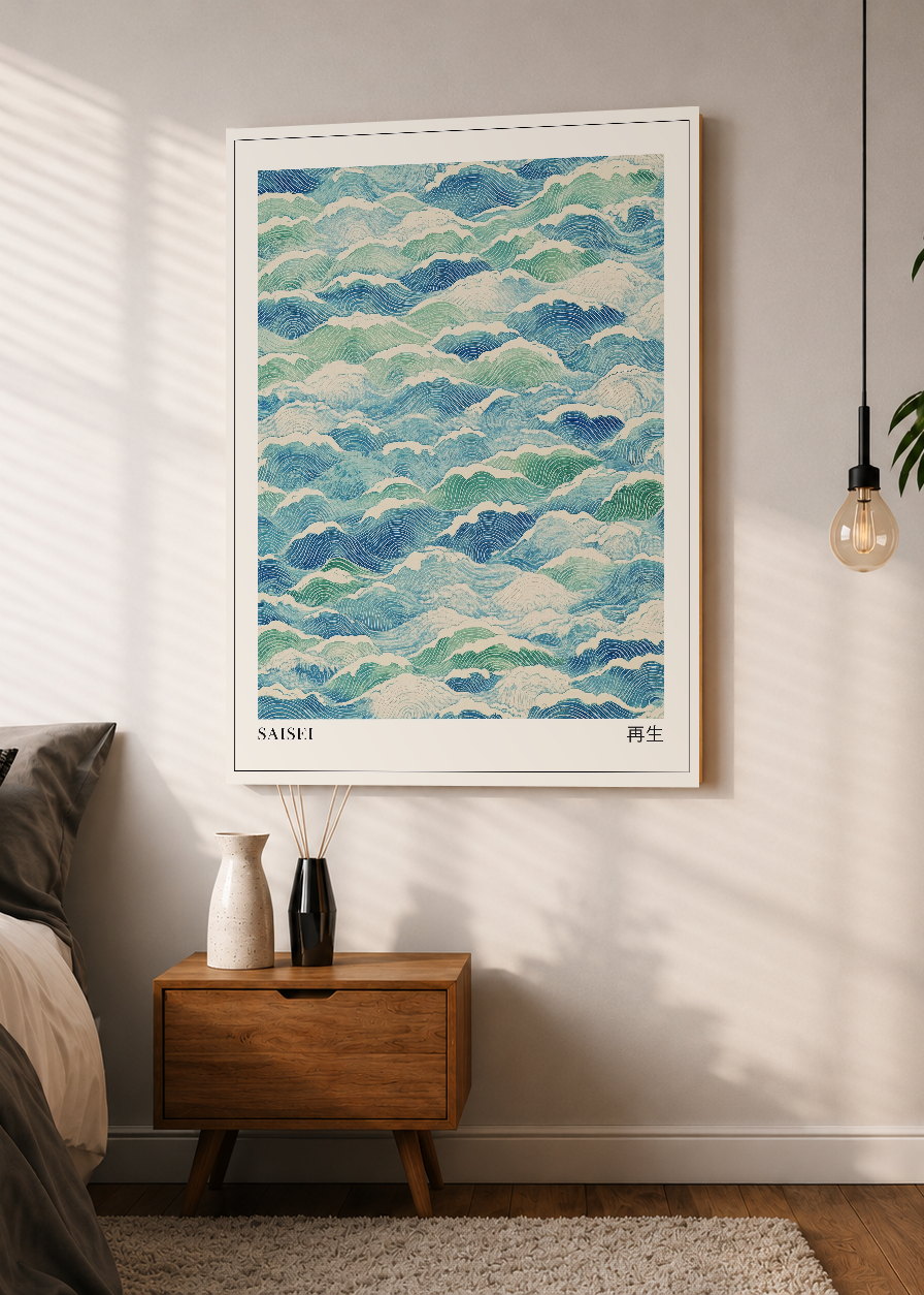Cuadro Decorativo Mural Sin Marco 5mm - Japandi, Olas Suaves Verde Agua, Saisei