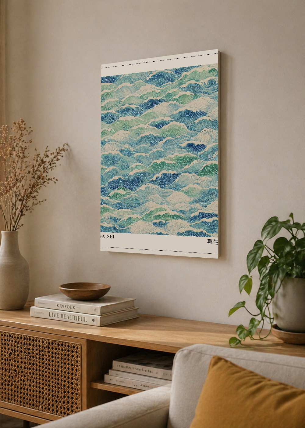 Cuadro Decorativo Mural Sin Marco 5mm - Japandi, Olas Suaves Verde Agua, Saisei